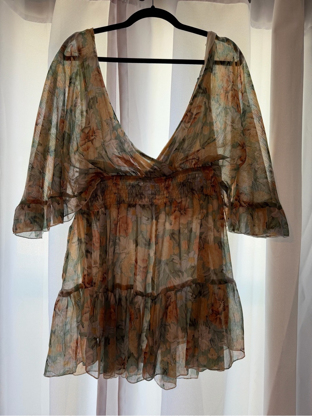 Luxxel Women Sheer Floral V-Neck Romper in Green, White and Peach